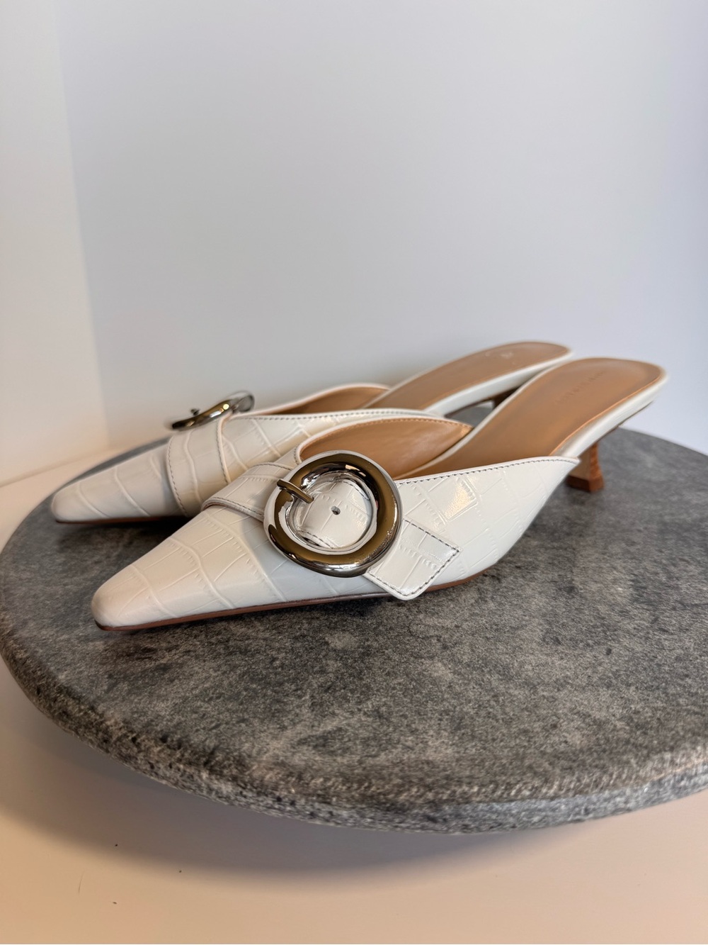 Ann Taylor White Leather Silver Pointed Toe Kitten Heels 6.5